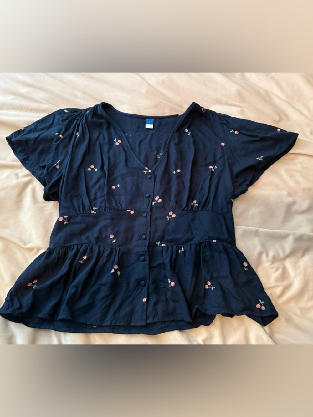 Old Navy Navy Blue Peplum Top with Pink Cherry Print